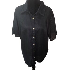 Avenue 100% Linen Shirt Womens 18/20 Black Button Front Short Sleeve Plus Size